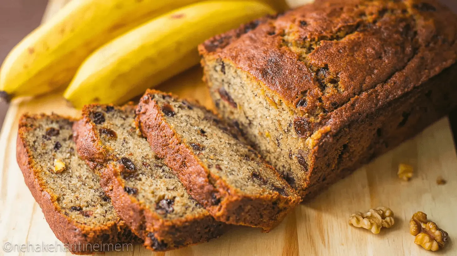 Freshly baked banana bread loaf, partially sliced, with ripe bananas and walnuts on a wooden board, perfect for a delightful banana bread recipe.