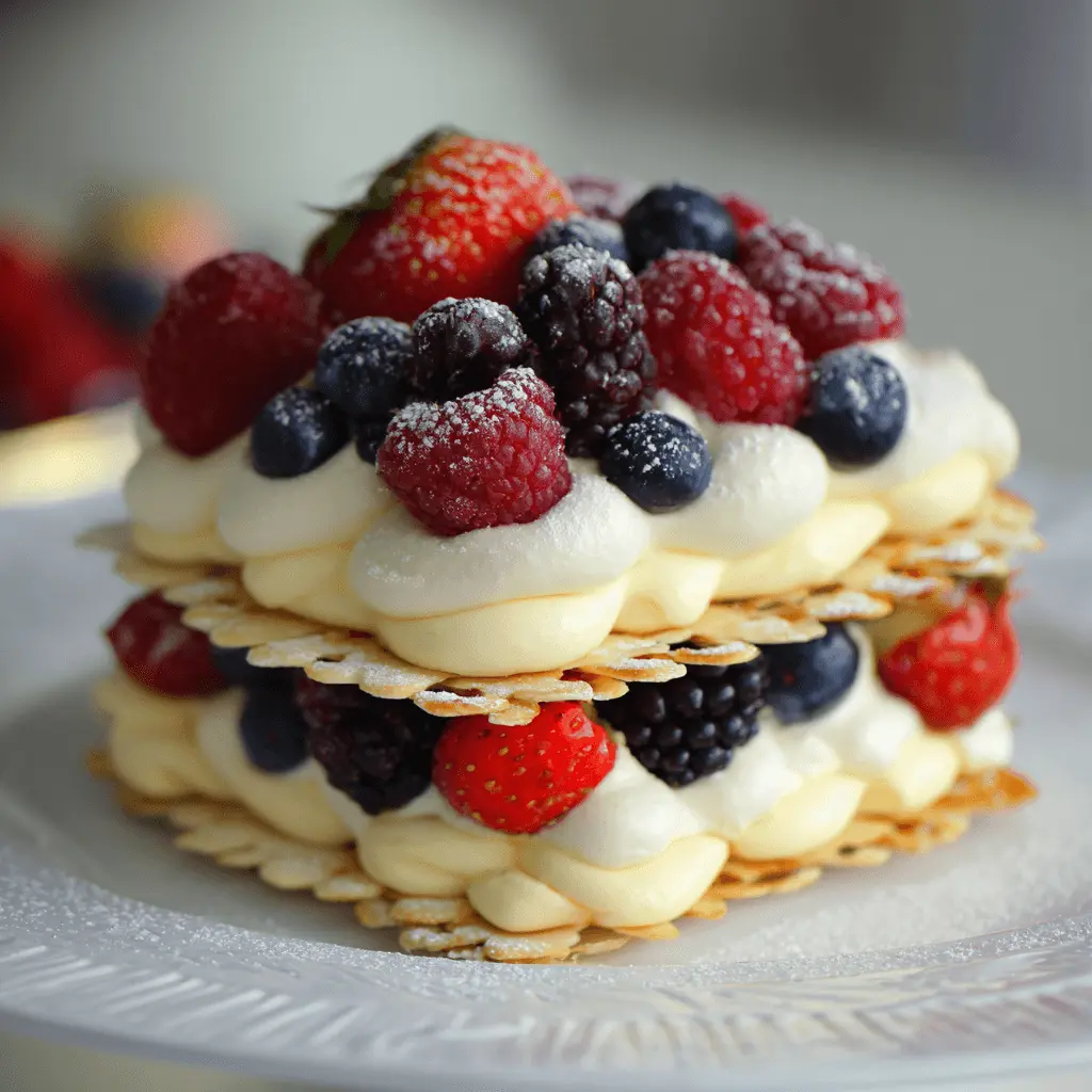 Layered Almond Dacquoise Cream Clouds dessert with fresh mixed berries and powdered sugar.